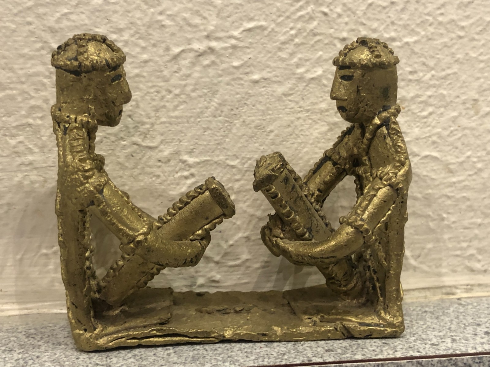 Vintage West African Tribal Folk Art Bronze Sculpture - Two Musicians Sitting