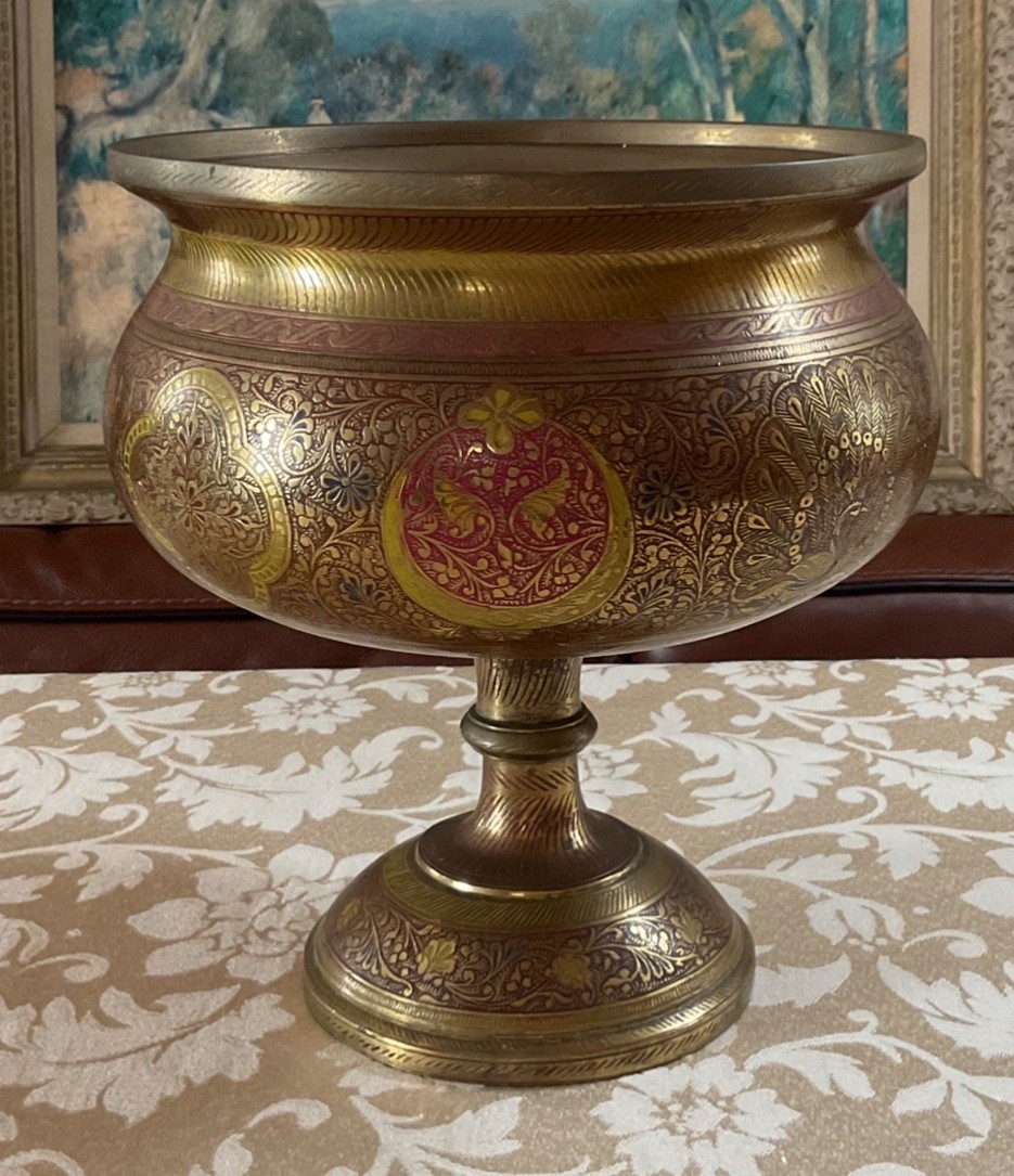 Etched Brass Pedestal Bowl Urn Peacock Floral Motif 7.3lb Ornate Centerpiece
