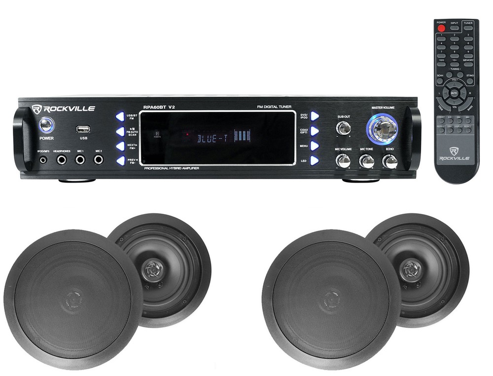 (4) Black Ceiling Speaker System+Bluetooth Amp/Receiver 4 Restaurant/Office