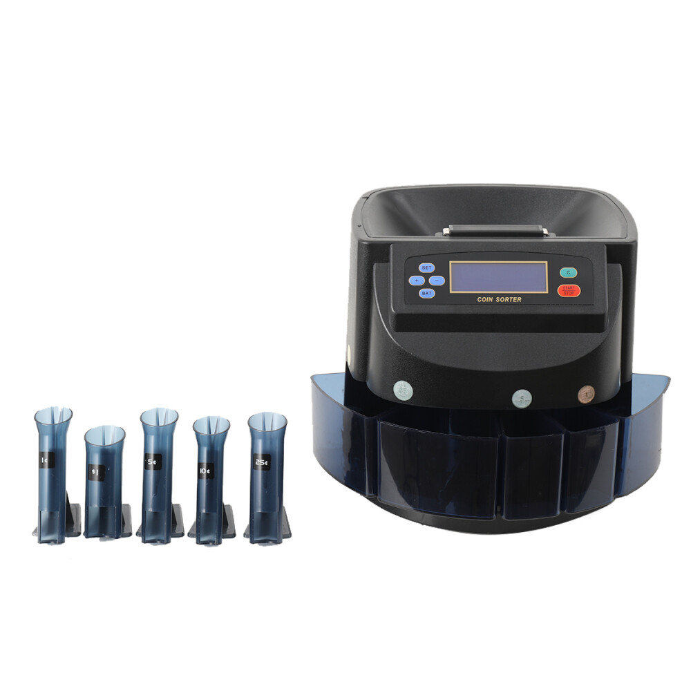 USD Coin Counter Sorter Roller Wrapper Machine w/Bins&Tubes for Change Counting