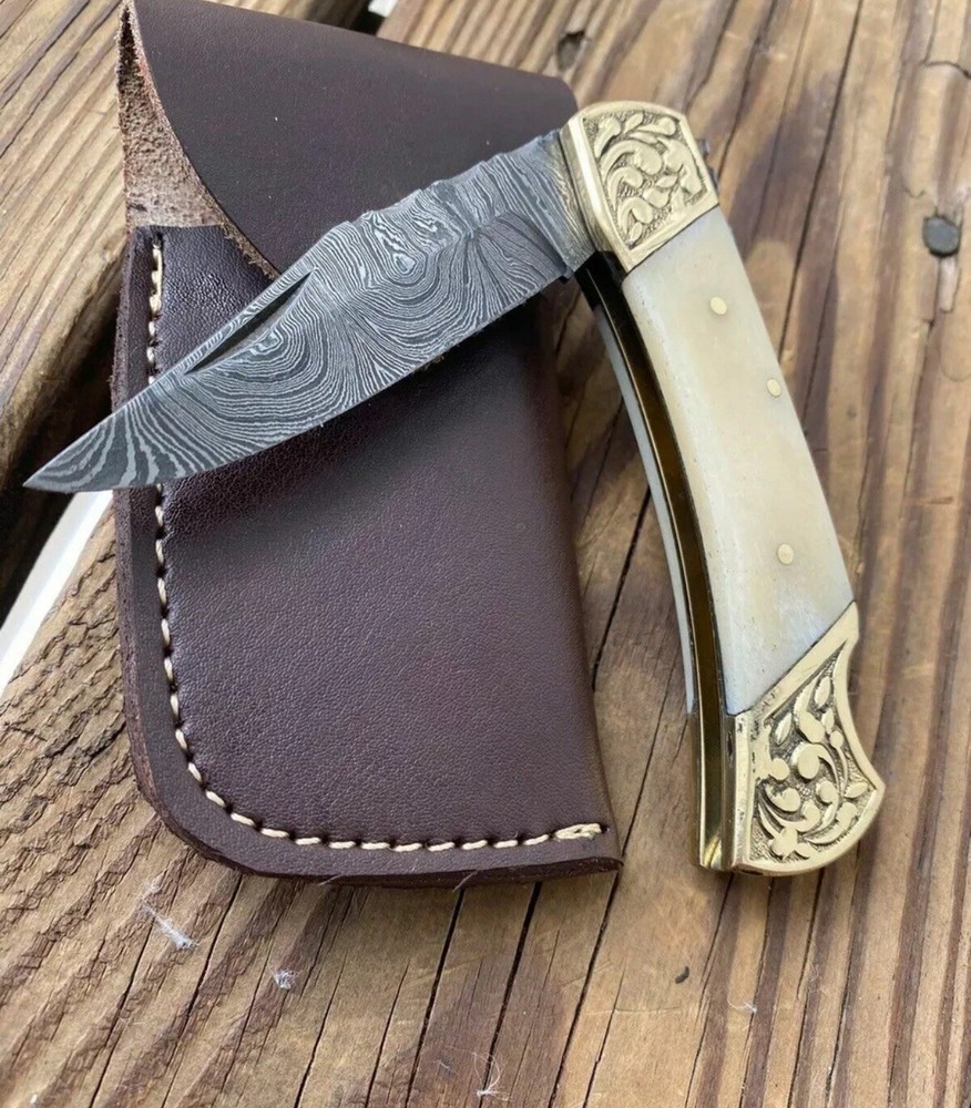 EDC Handmade Damascus Folding Blade Pocket Knife Back Lock Camel Bone Handle