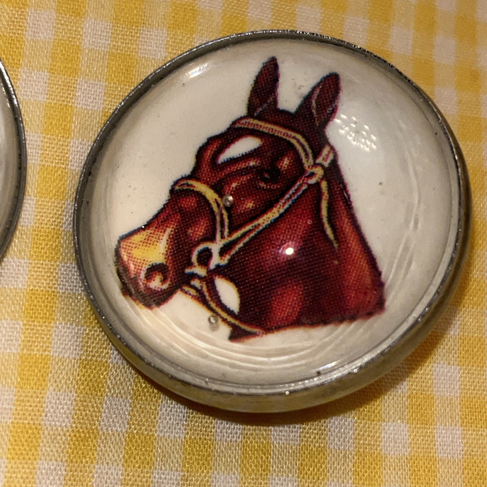 Vintage Pair Bridle Rosettes Horse Head Domed Glass