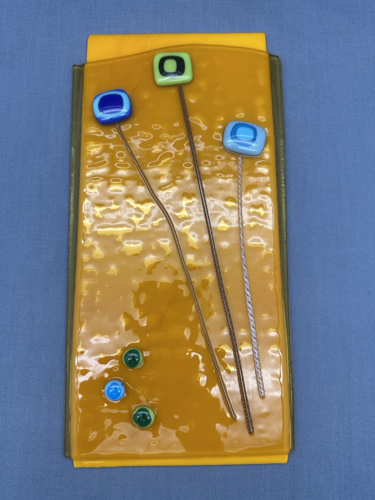 FUSED GLASS Rectangular 12" ART PANEL Orange ABSTRACT Signed DECORATIVE PLATE