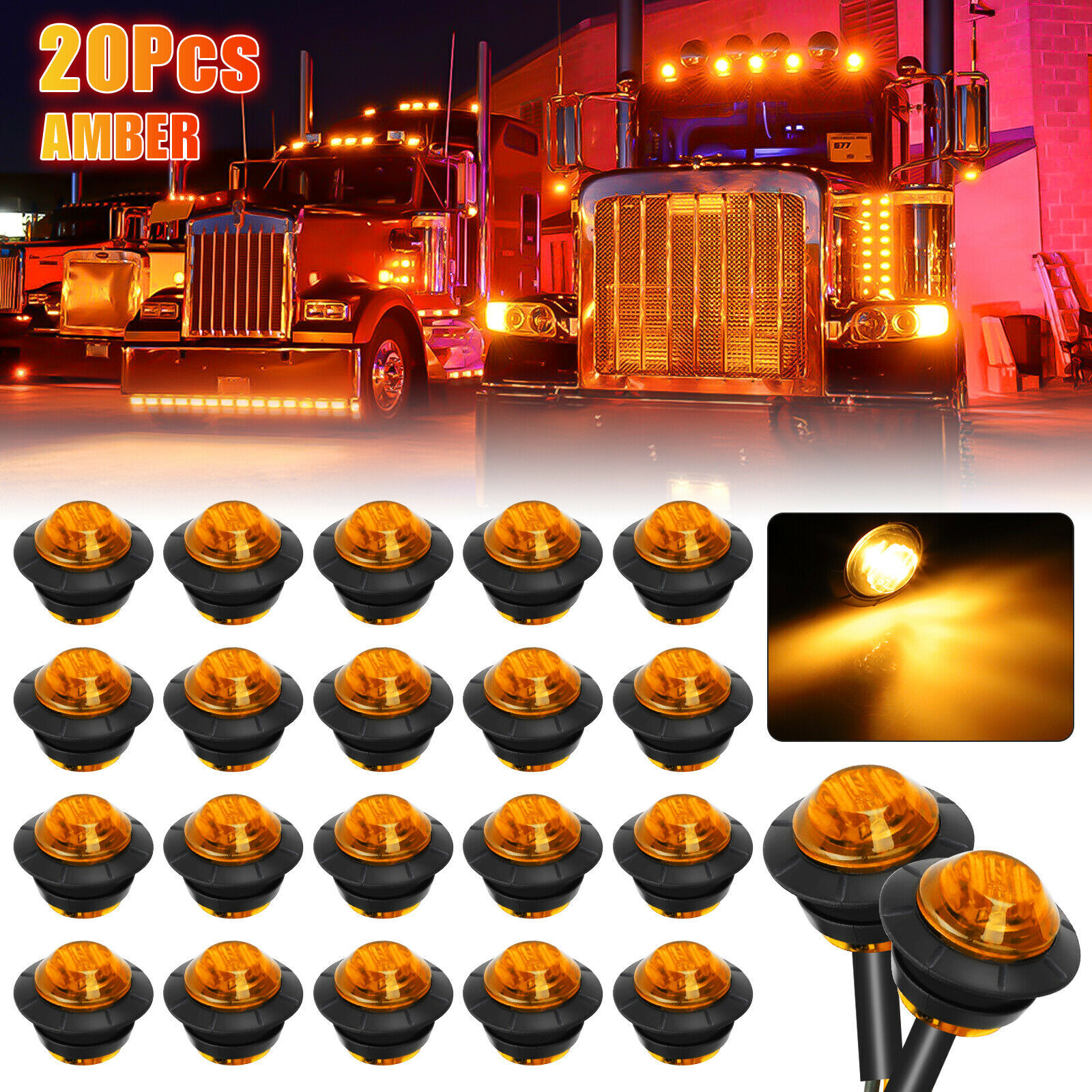 20X 3/4" LED Side Marker Lights Truck Trailer Round Amber Bullet Clearance Lamp