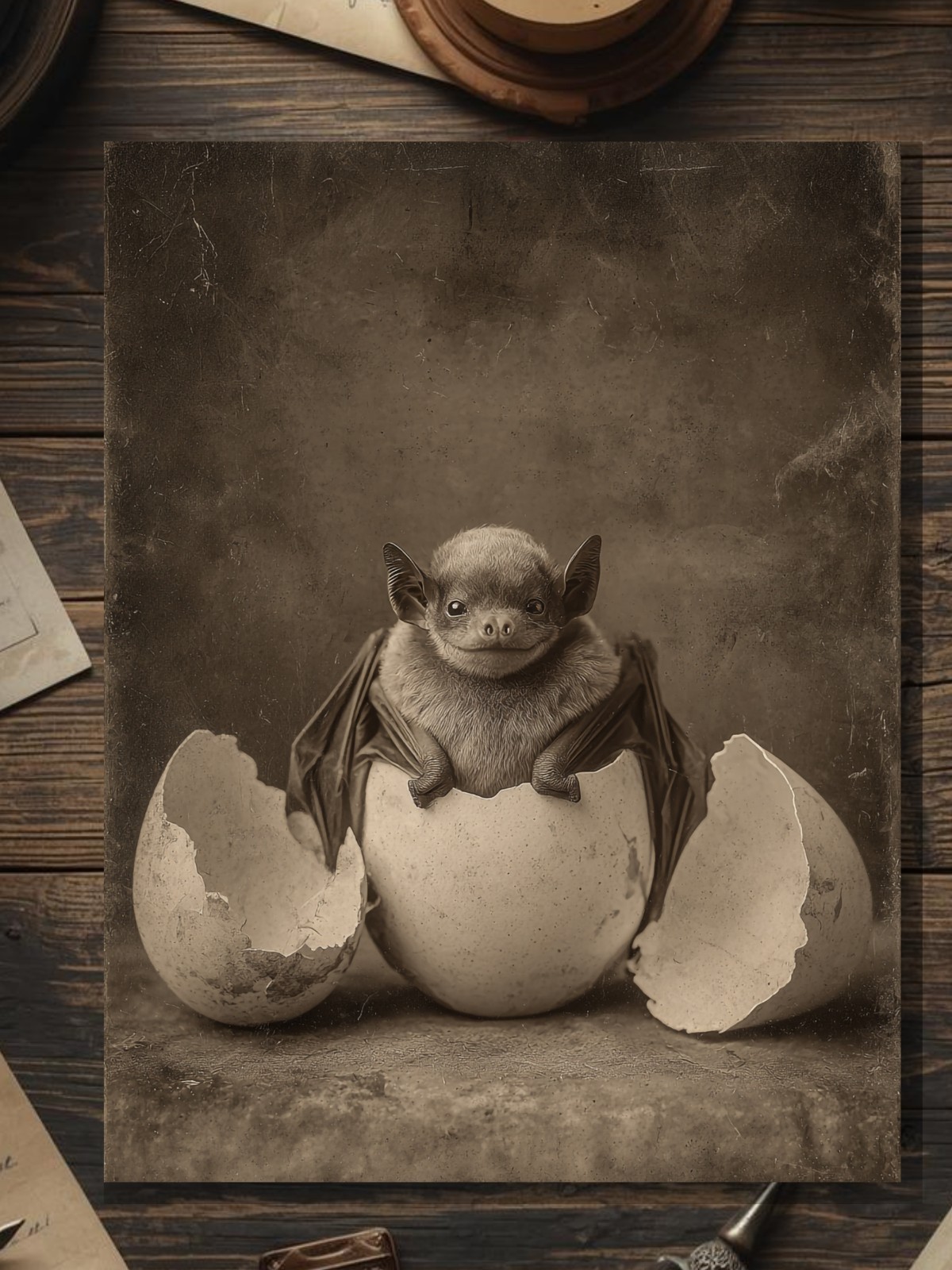 Vintage Victorian Bat Hatching from Easter Egg Card Gothic Antique Style