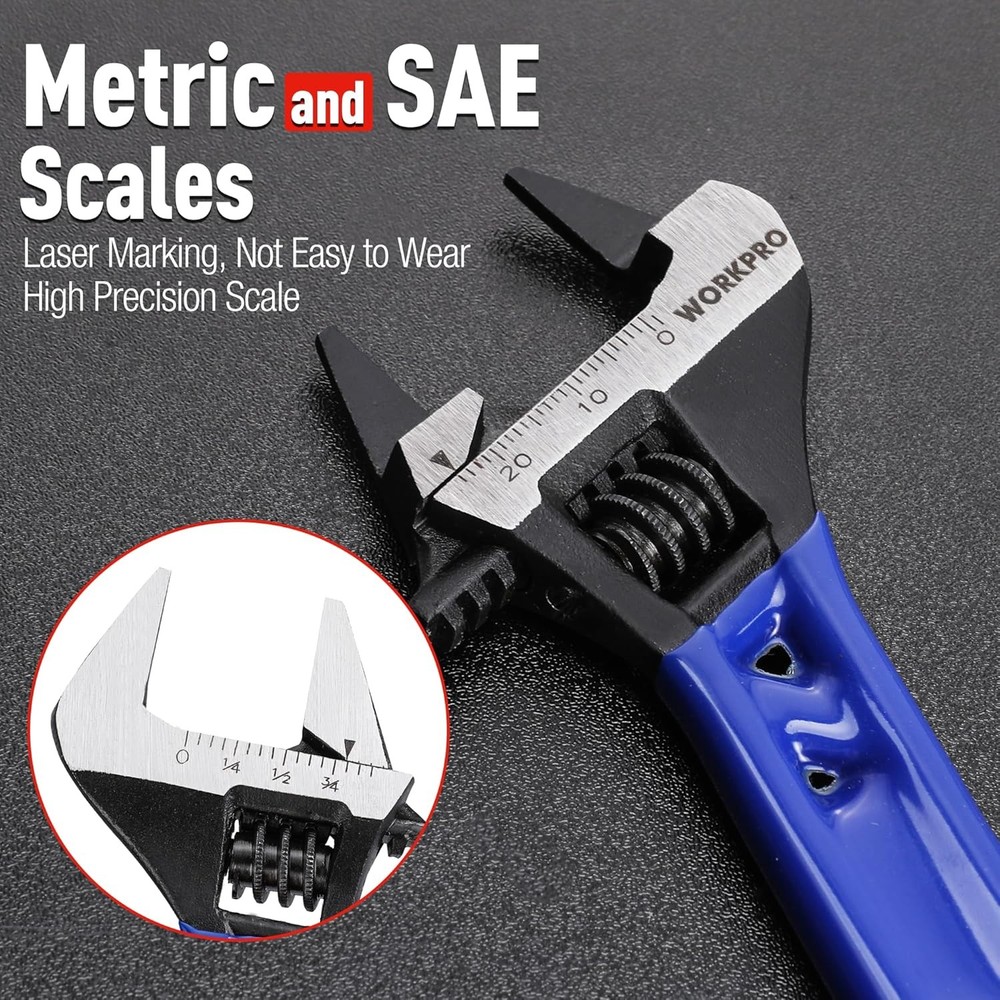 WORKPRO 4-Inch Thin Jaws Stubby Wide Opening Adjustable Wrench, Small Adjustable