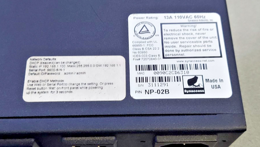 Synaccess netBooter NP-02B Remote Switched PD Control via Web, telnet USA