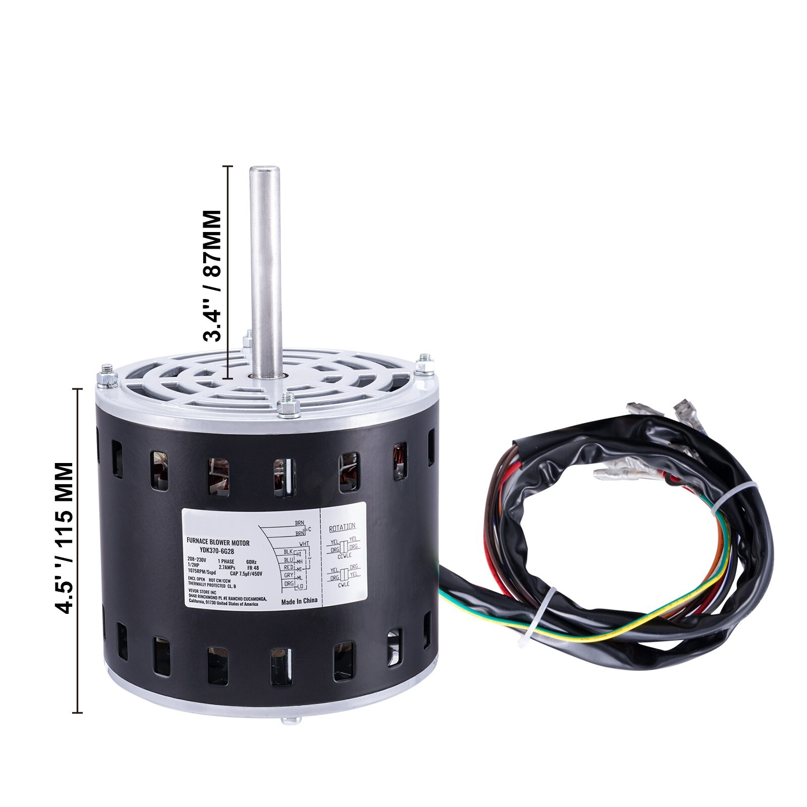 1/2HP Furnace Blower Motor 208-230V 2.7A 1075RPM 5 Speeds 48 Frame 1 Phase