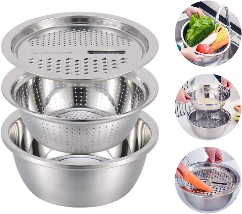 Multi-Function Stainless Steel Colander Set with Grater & Drain Basket, 3 PCs