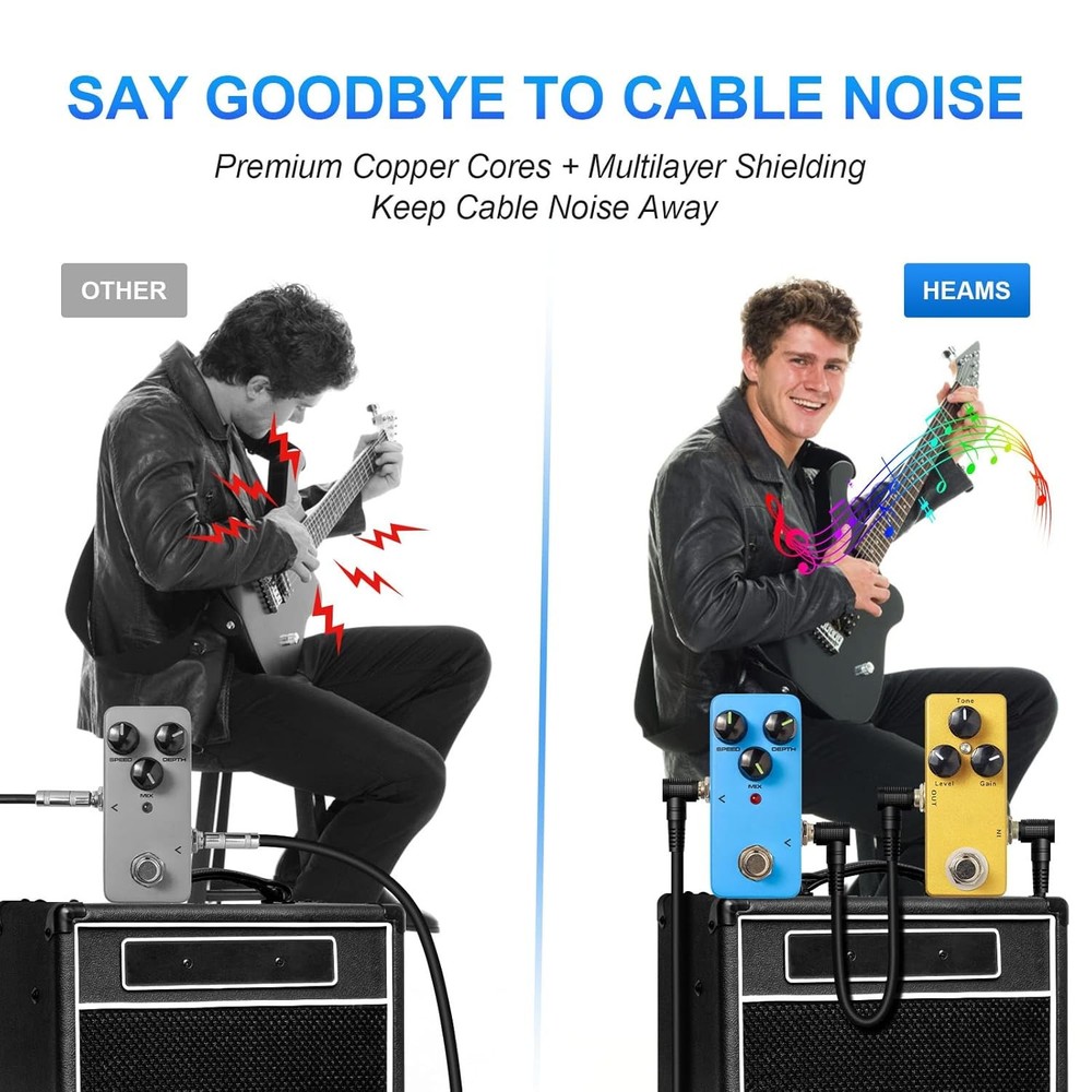 6 Pack 6 Guitar Patch Cables - Noise-Free Right Angle Pedal Board Cables