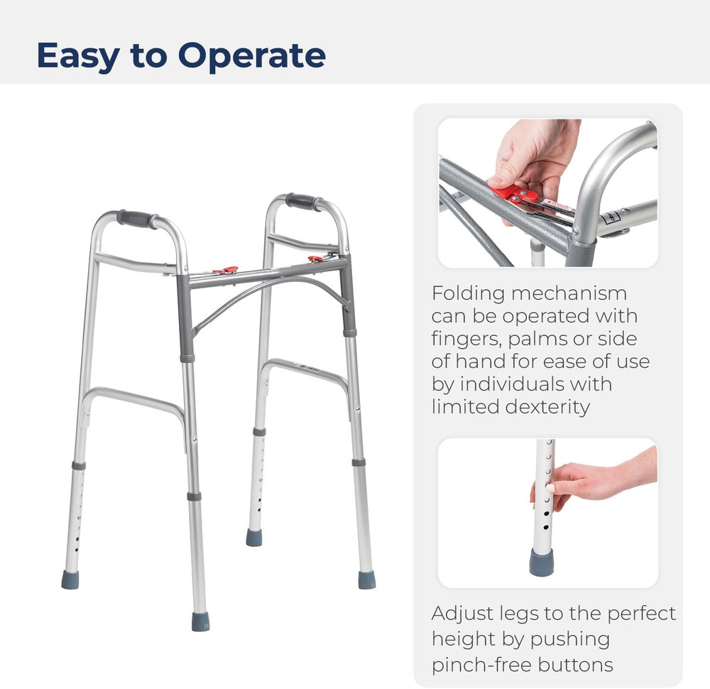 2-Button Standard Foldable Walker for Seniors & Adults - Adjustable Legs - Light
