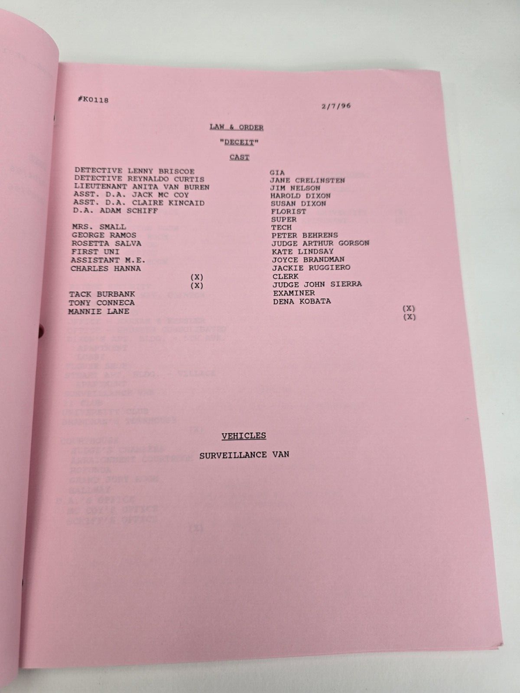 LAW & ORDER / Rene Balcer 1996 TV Script, Peter Riegert & Tom O'Rourke "Deceit"