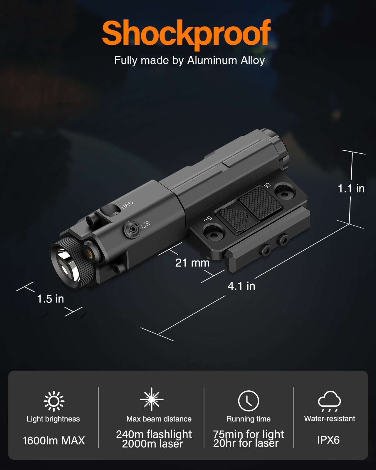 TOUGHSOUL 1600lm Flashlight & Green Laser Sight for Picatinny & M-Lok Dual Rail