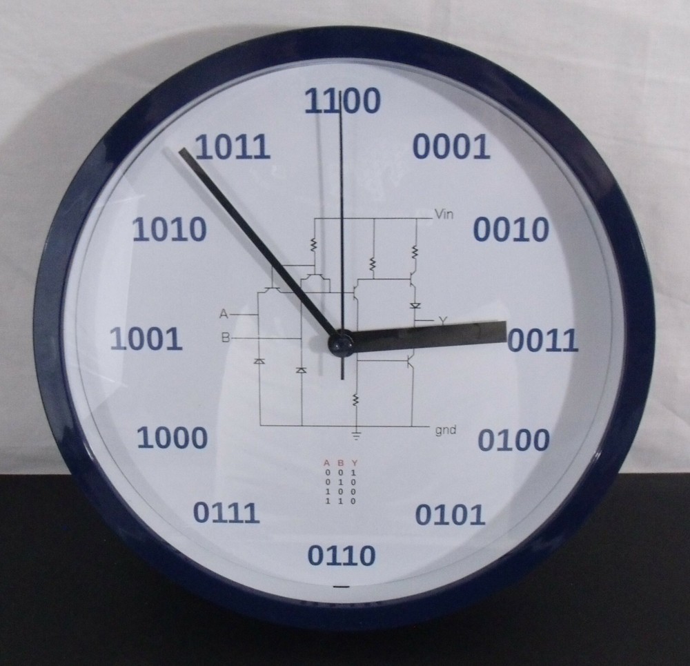 Geek Clock Analog Clock with binary numbers, NAND circuit, truth table