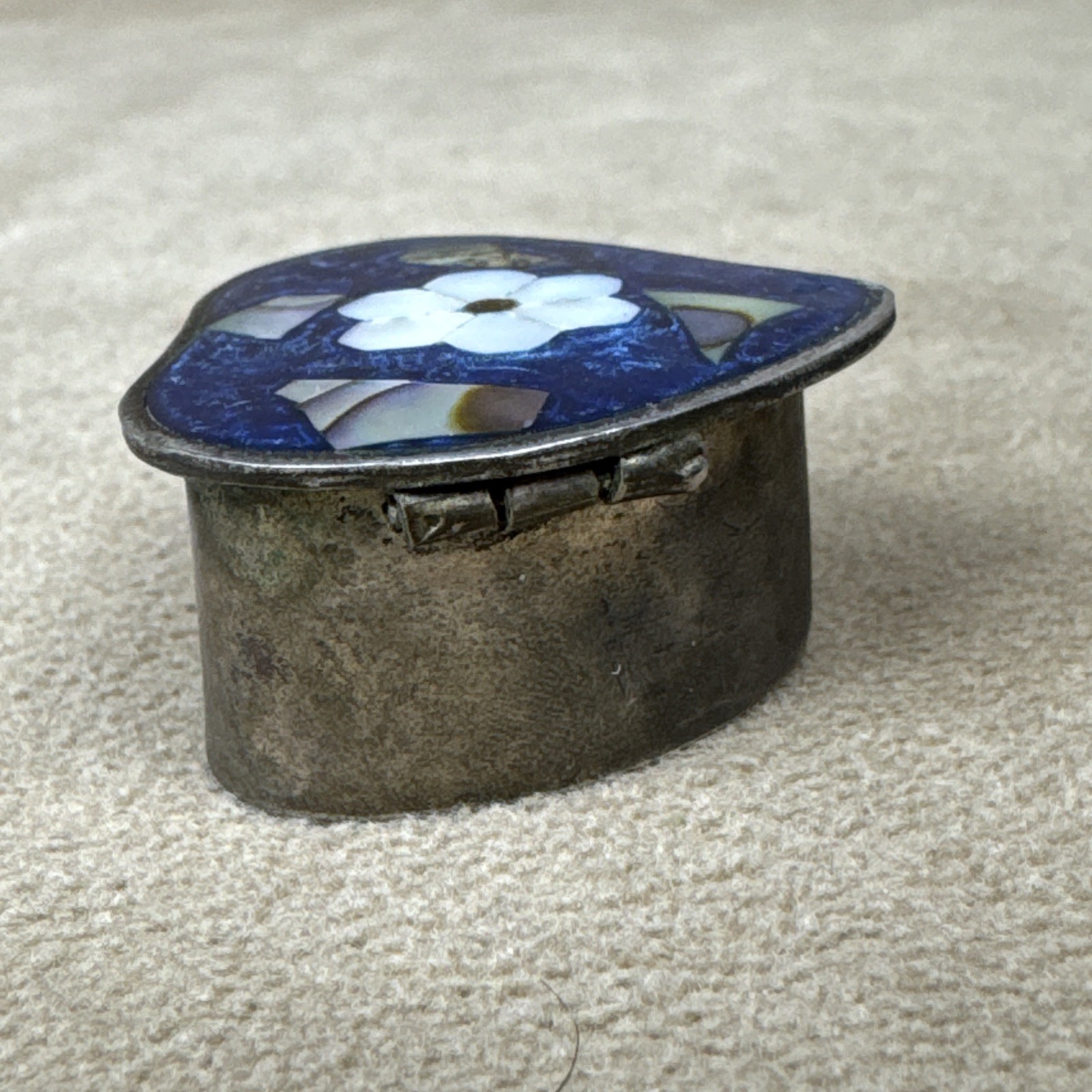 VTG Alpaca Mexico Silver Abalone Shell Inlay Pill Box Trinket-Flower Heart Daisy