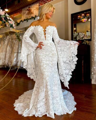 Full Lace Mermaid Wedding Dresses Long Sleeves Backless Boho Bridal Gowns
