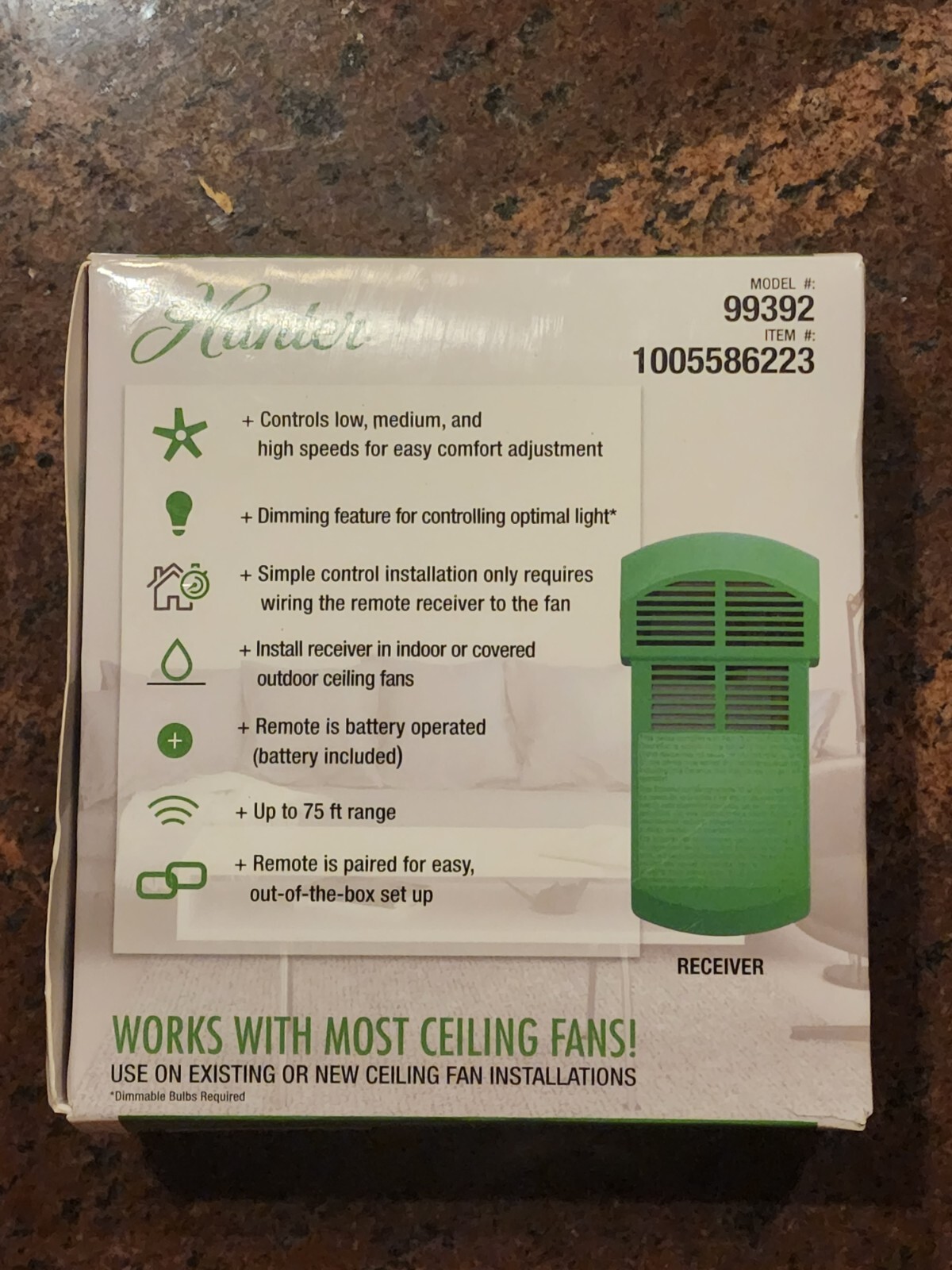 Hunter 99392 Universal 3 Speed Ceiling Fan Handheld Remote Control in White