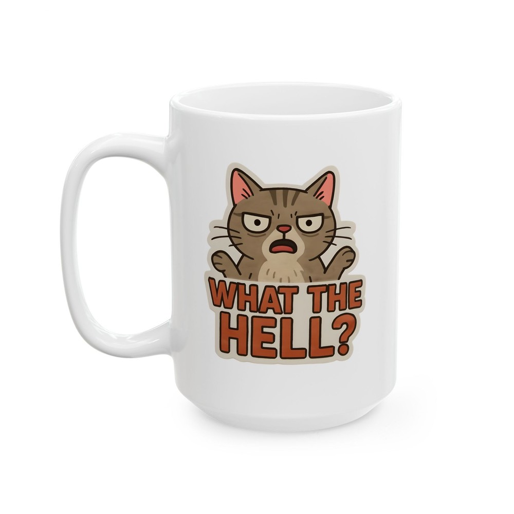 Grumpy Cat Illustration Mug | "What the Hell?" Cat Face Ceramic Mug