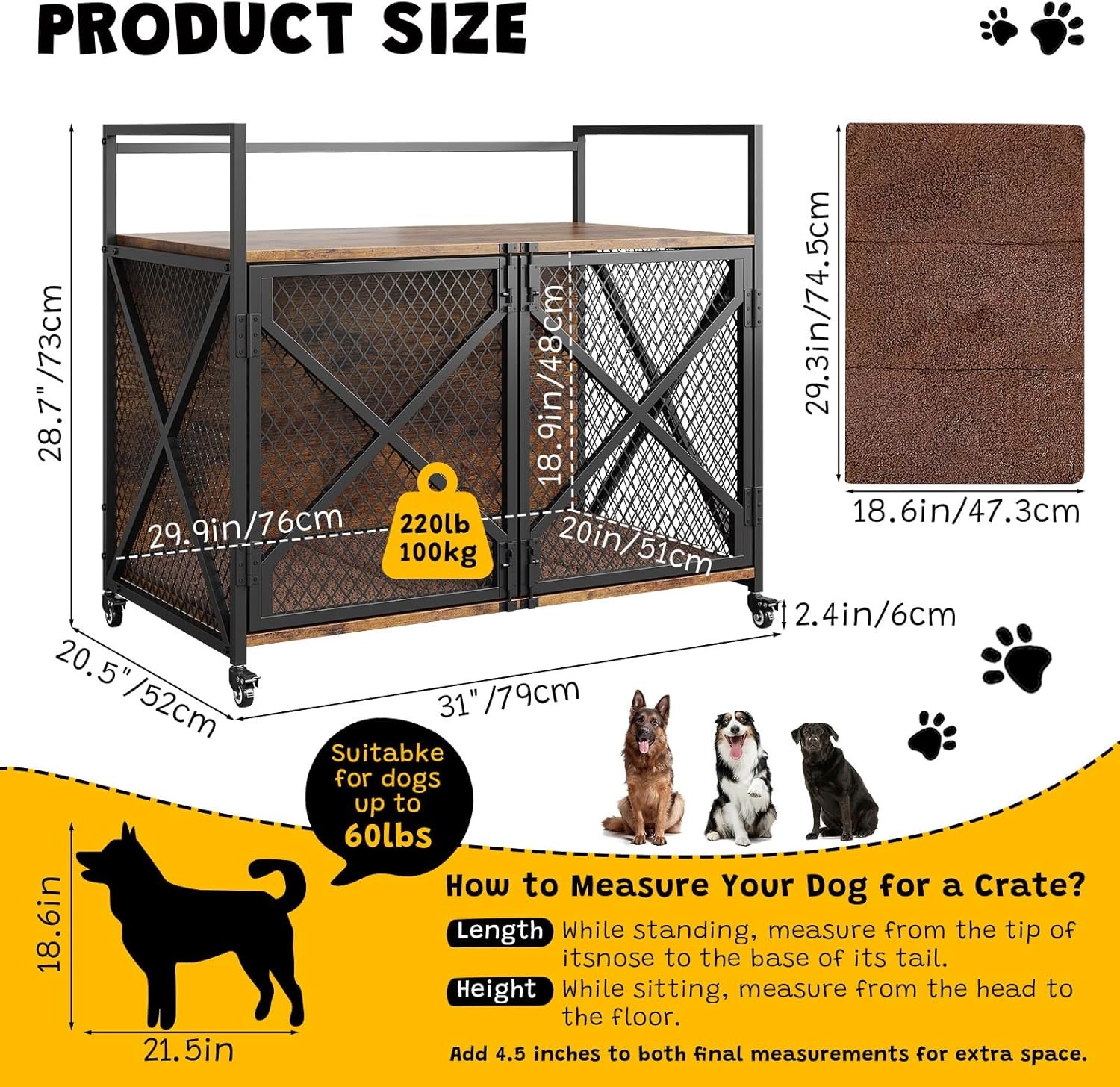 31'' / 41'' Wooden Dog Crate Furniture Cage Heavy Duty Indoor Kennel for Big Dog
