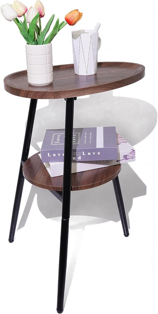 Small Oval Side Table with 2 Tier Storage - Rustic Brown Wood End Table with Met