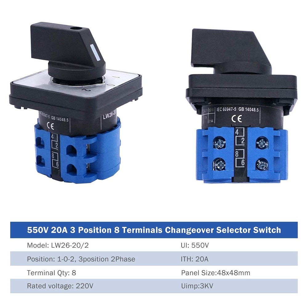 Changeover Switch 3 Position Selector Switch 8 Terminals 20A 550V Universal L...