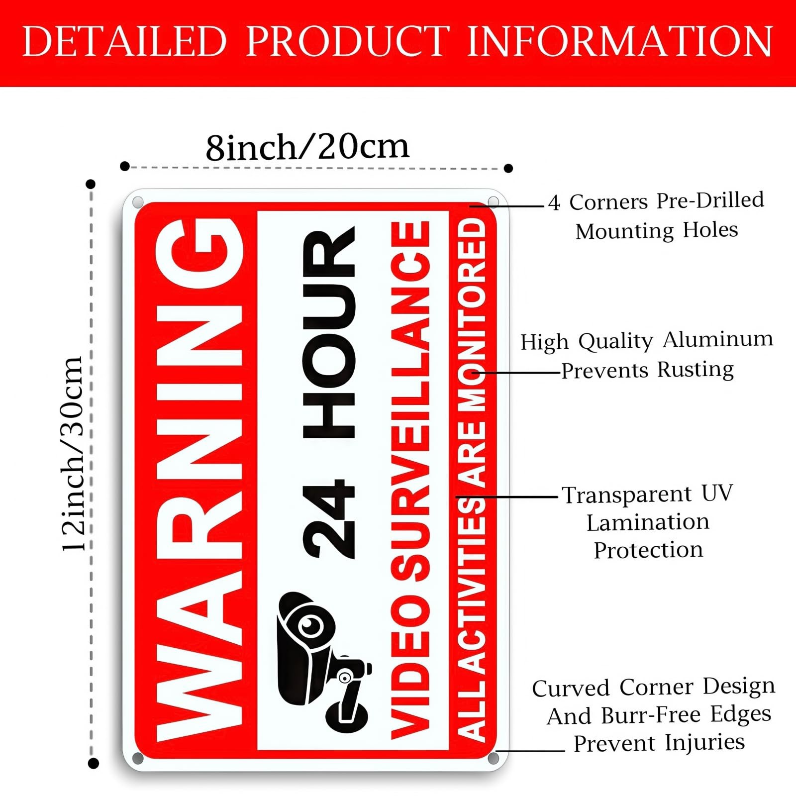 4 Pack Video Surveillance Signs, 8 x 12 Inch Aluminum Camera Signs, CCTV Secu