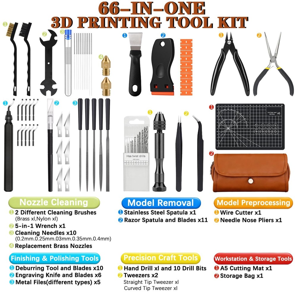 66Pcs 3D Printer Tools Kit W/ Storage Case All-in-One Accessories FDM/SLA