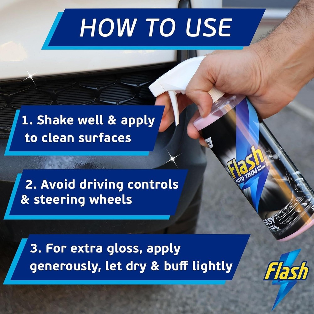 FLASH Trim & Rubber Care Dashboard Bumper Protector & Cleaner Spray 4x500ml