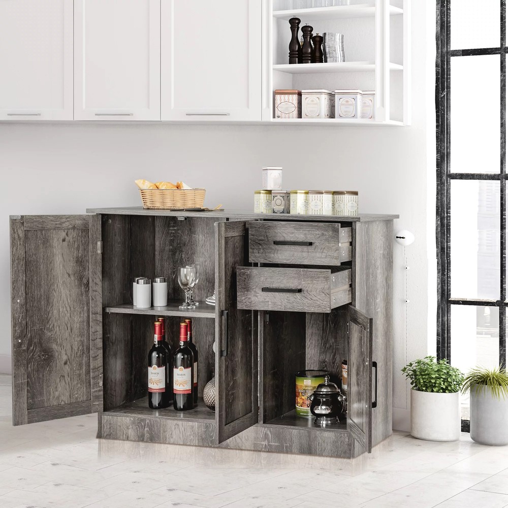 Rustic Gray Grey Wooden Buffet Console Storage Cabinet China Server Sideboard