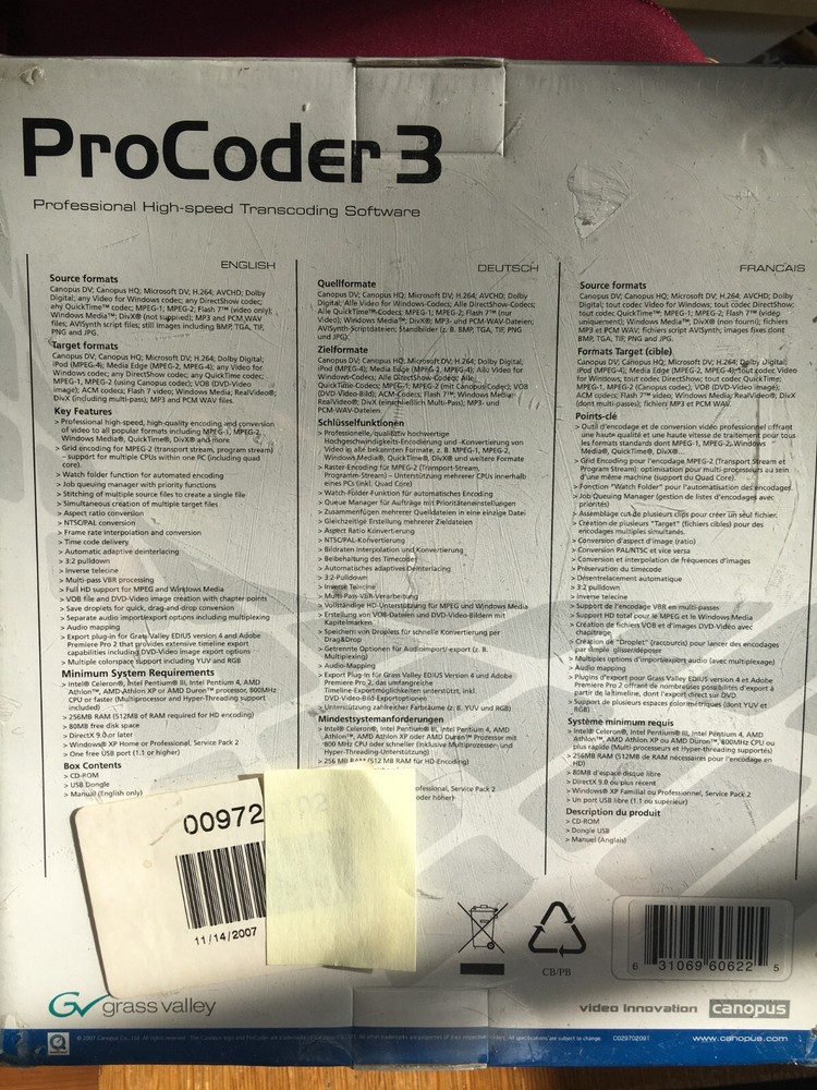 Grass Valley ProCoder 3 Video innovation Canopus video format conversion