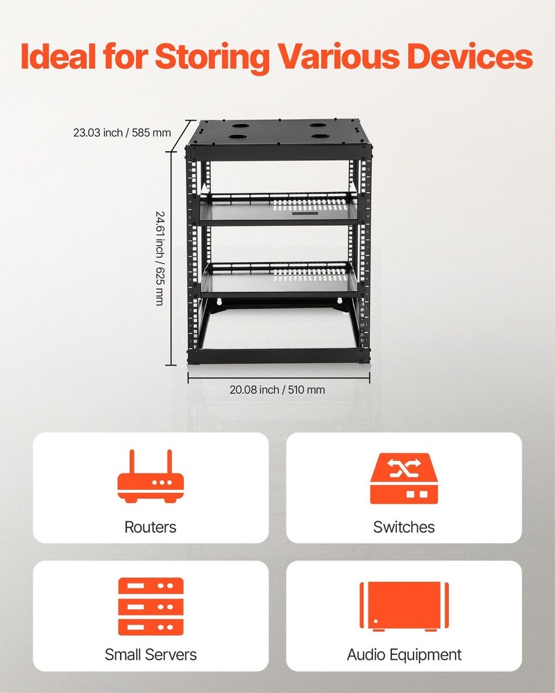 12U Floor Wall Rack 23in Depth Open Frame 500lb Load 4-Post Built