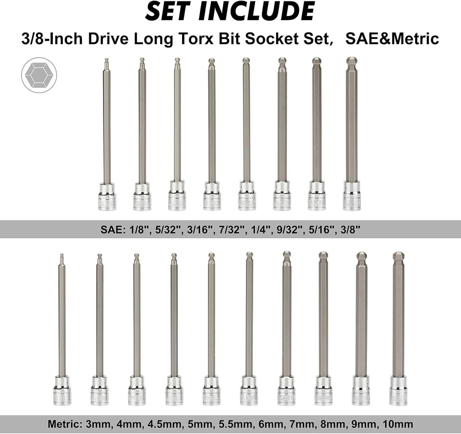 3/8"Drive Extra Long Ball-End Hex Bit Socket Set, 18 Piece Allen Socket Set, Met