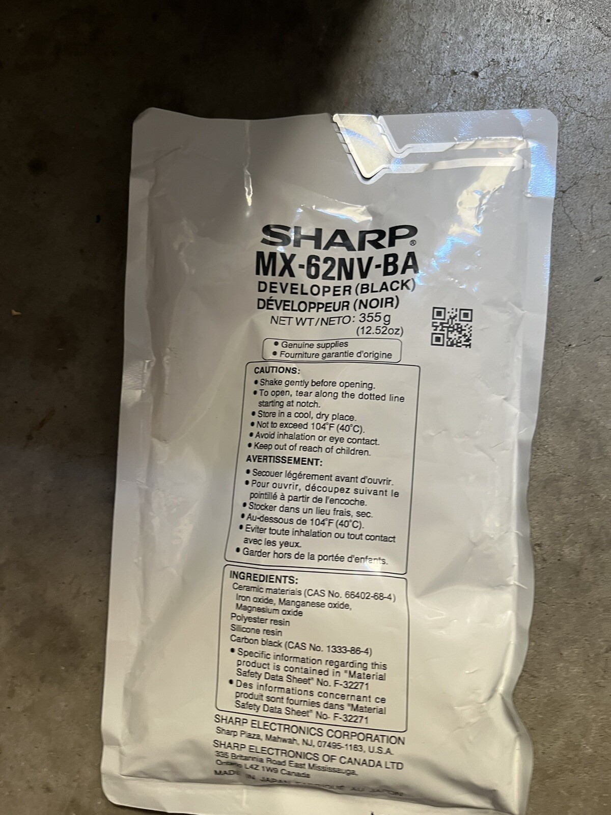 Sharp MX-62NV-BA Black Developer 355g