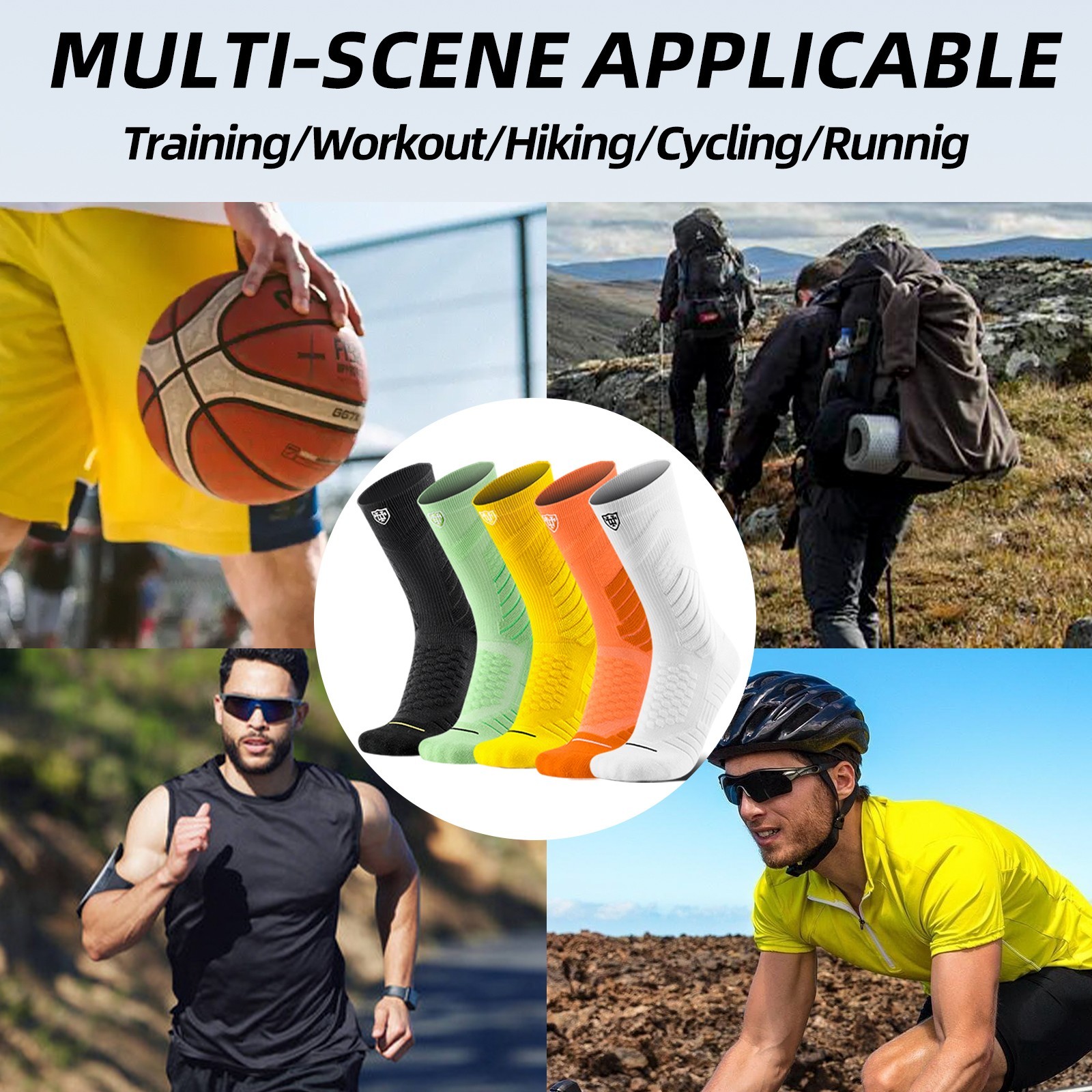 New Plain Mens Compression Crew Athletic Socks,Running Hiking Socks 5 pack