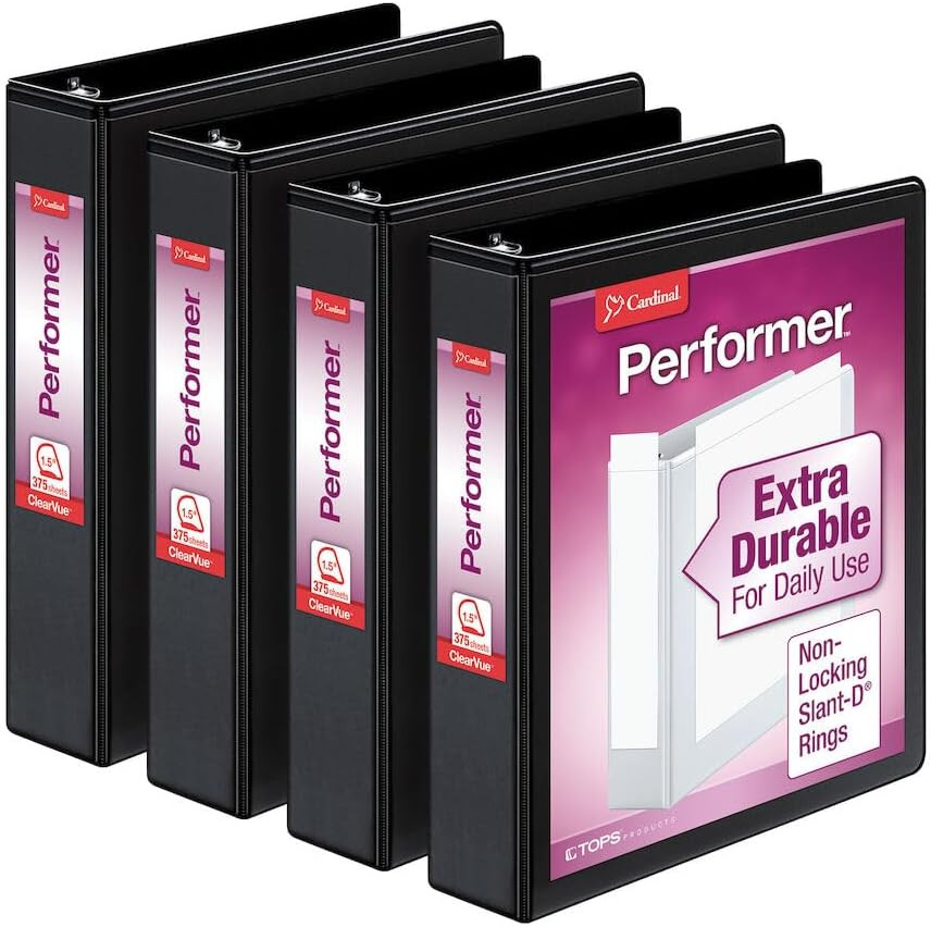 Performer 3-Ring Binders, 1.5", Non-Locking Slant-D Rings, 375-Sheet Capacity, C
