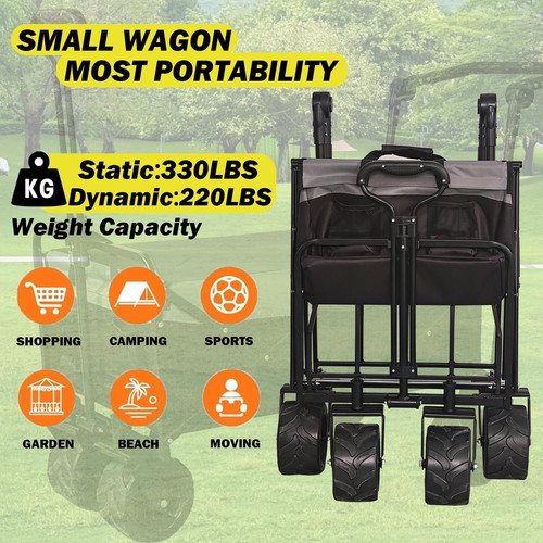 Collapsible Folding Wagon with Extra Push Pull Handle, Heavy Duty Black