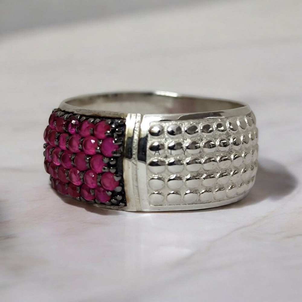 Ruby Round Cut Gemstone With 14K Solid White Gold Ring For Men's #A108