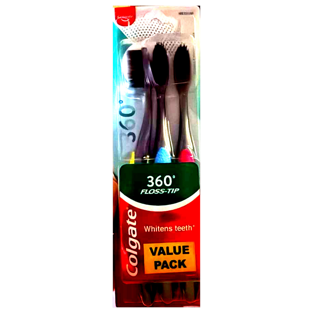 Colgate 360 Floss Tip Toothbrush Medium  Value Pack 3 Count Each Assorted Colors