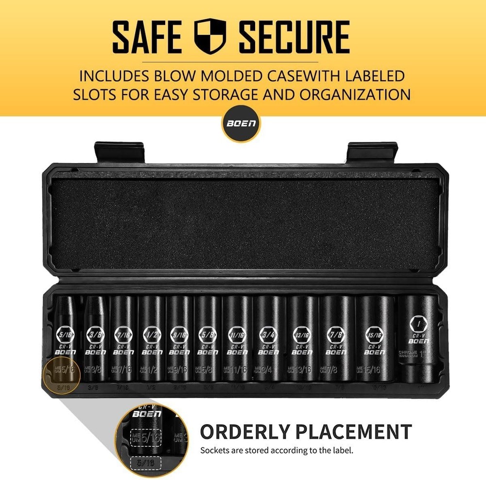 High Torque 1/2 Drive SAE Deep Impact Socket Set - 6 Point Hex Design, 12 Pieces