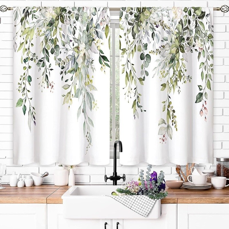Leaf Kitchen Curtains Light Filtering Polyester Drapes Rustic Home Decor Panels