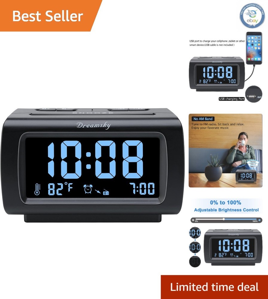 Large Display FM Alarm Clock with Adjustable Brightness & Temperature - Black