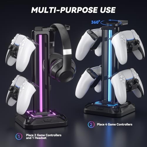 RGB Headset Stand with 9 Light Modes - Controller Holder for Desk - Black
