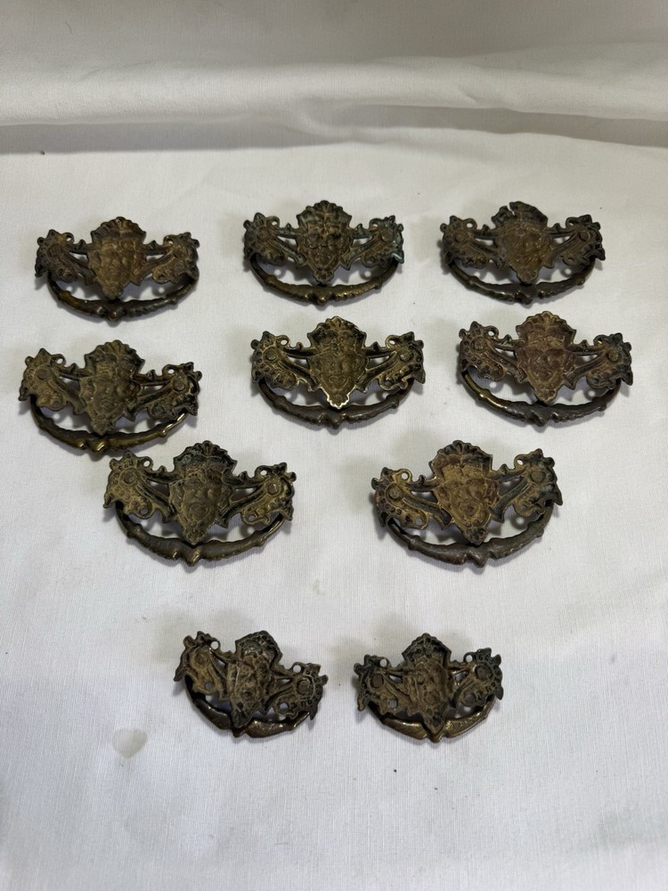 10 Rare Gothic Victorian Devil Face Brass Bail Drawer Pulls (8 Large & 2 Small)