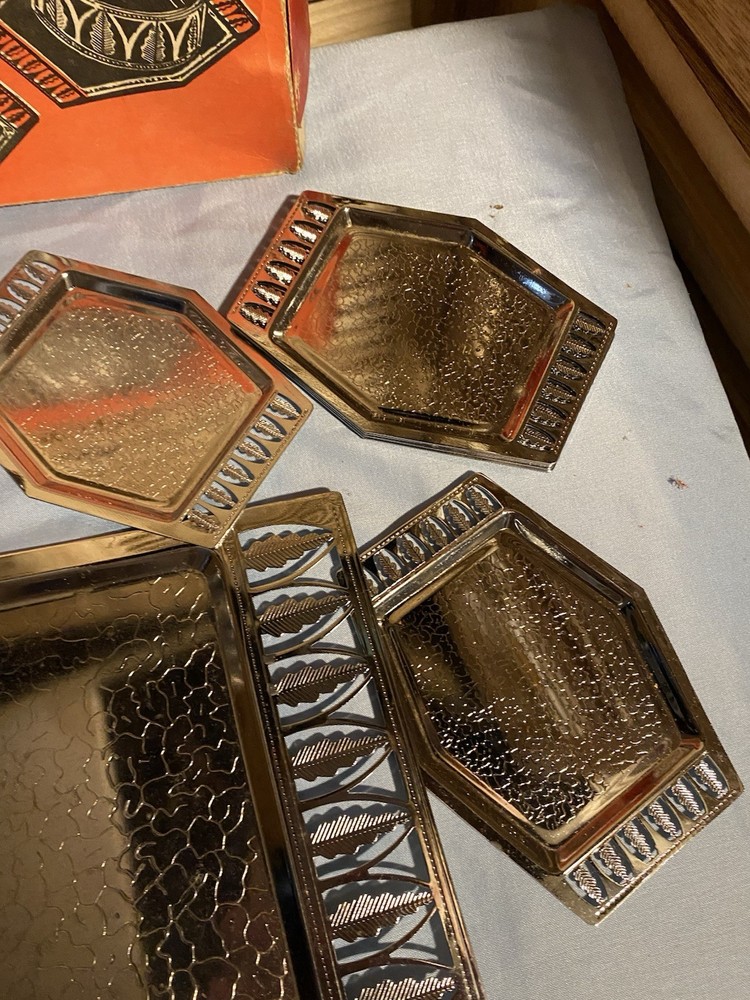 Vintage Polish Silver Metal 14 Piece Serving Set Tray, Cup Holders Sugar Bowl