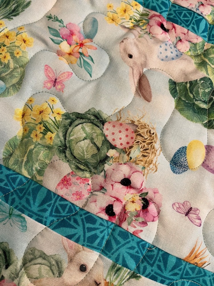 Handcrafted-Quilted Table Runner -Happy Easter - Easter Eggs, Bunnies - Gardens