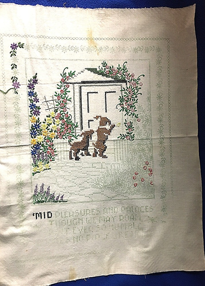2 Unfinished Embroidery Projects Needlepoint Table Runner And Sampler Vintage