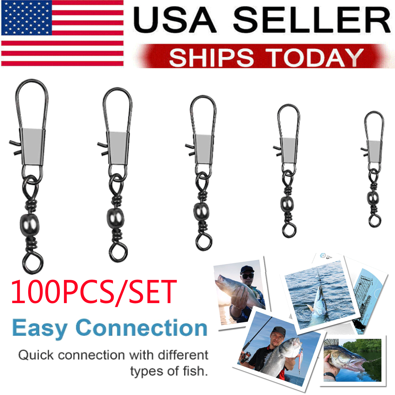 100p Fish Fishing Barrel Swivel with Interlock Snaps High Strength Safety Tackle