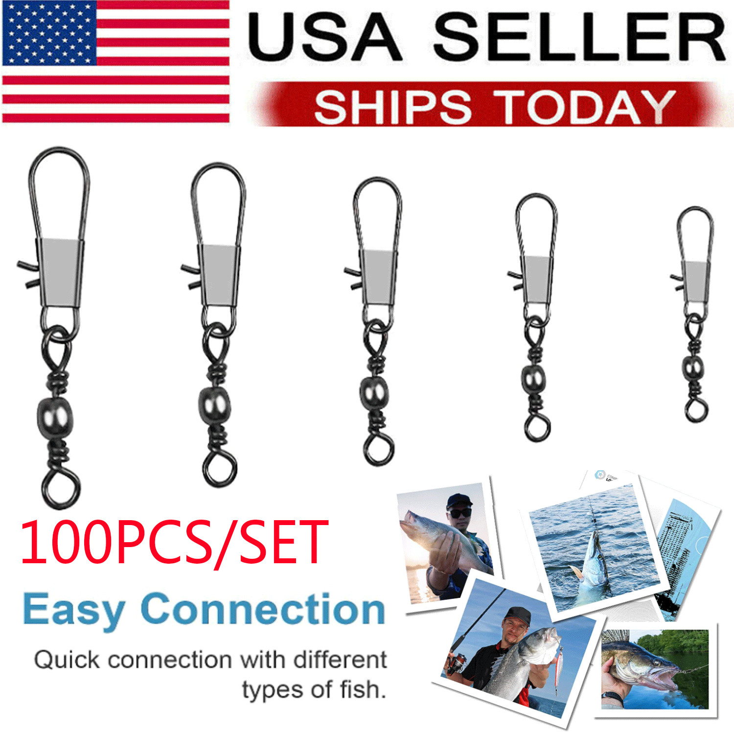 100p Fish Fishing Barrel Swivel with Interlock Snaps High Strength Safety Tackle