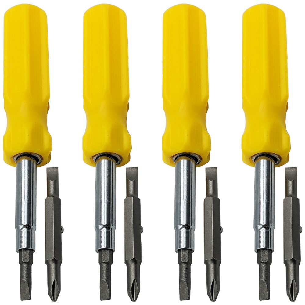 4 Pack 6-in-1 Screwdriver - Slotted 3/16" & 1/4", Phillips #1 & #2, Nut Drivers