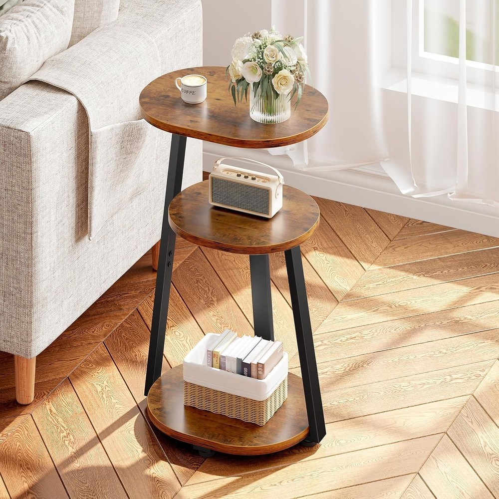 Side Table Small End Table W/ Metal Frame 3-Tier Bedside Tables Round Brown
